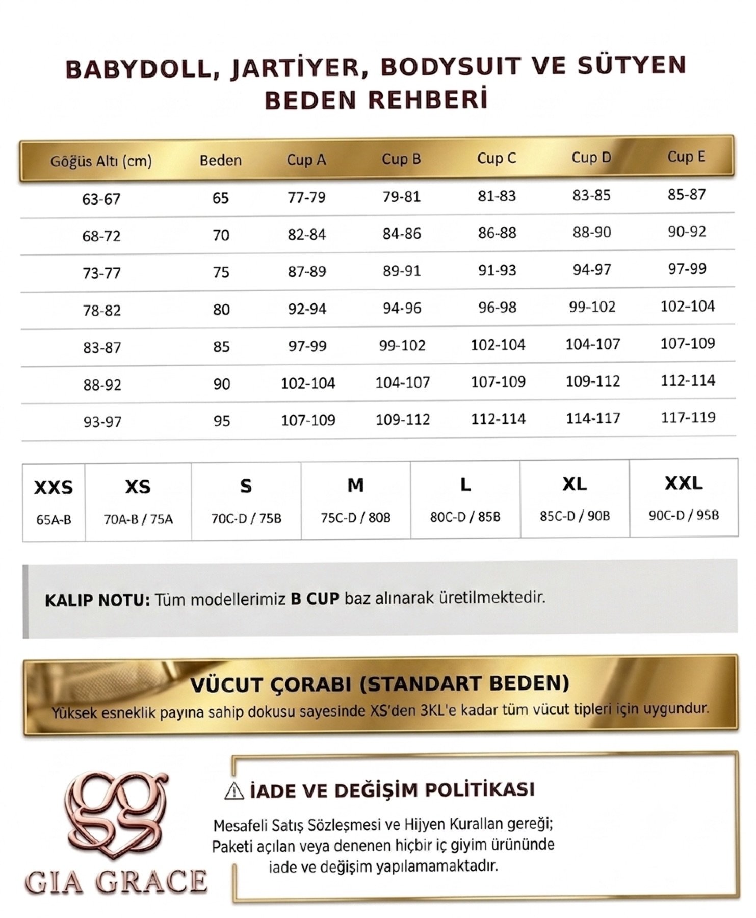 Gia Grace Genel Ölçü Tablosu